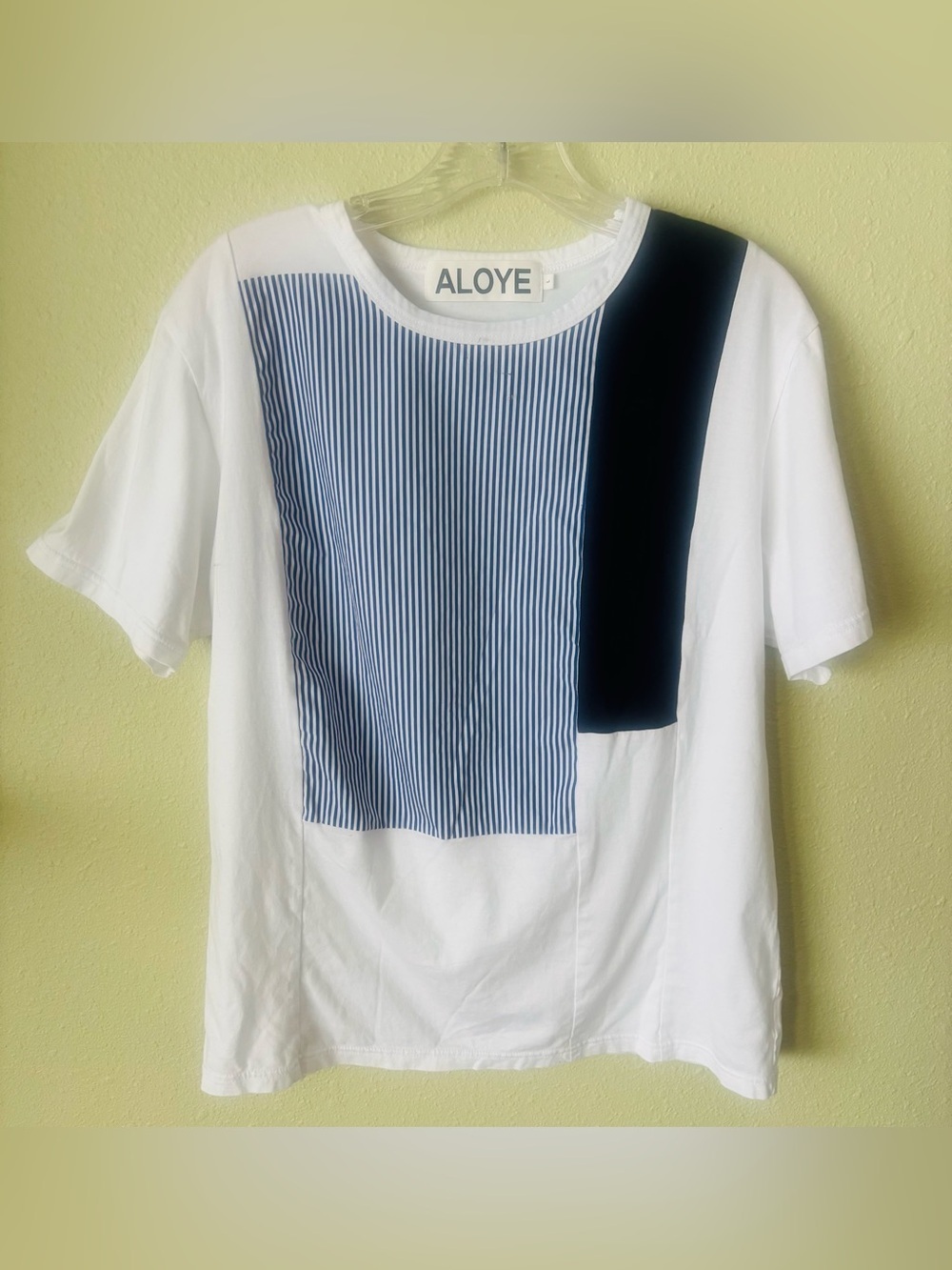 ALOYE Stripes & Solids Navy Blue & White Geometric Short Sleeve T Shirt Size: L